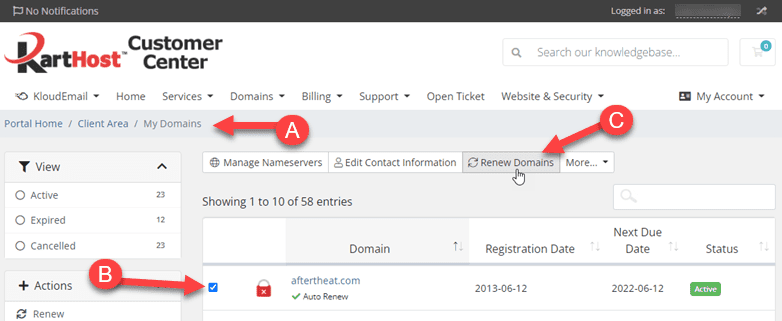 Step 2 How to manually Renew Your Domain Name with KartHost in the KartHost Customer Center