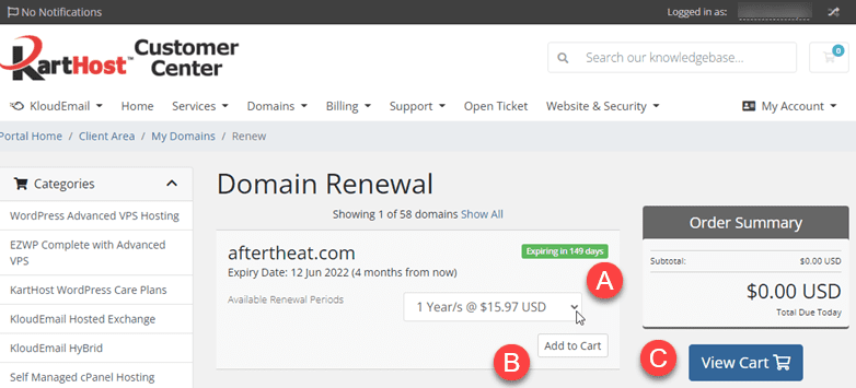 Step 3 How to manually Renew Your Domain Name with KartHost in the KartHost Customer Center