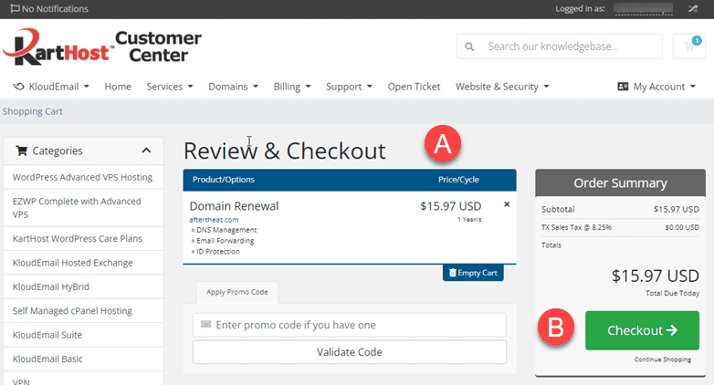 Step 4 How to manually Renew Your Domain Name with KartHost in the KartHost Customer Center