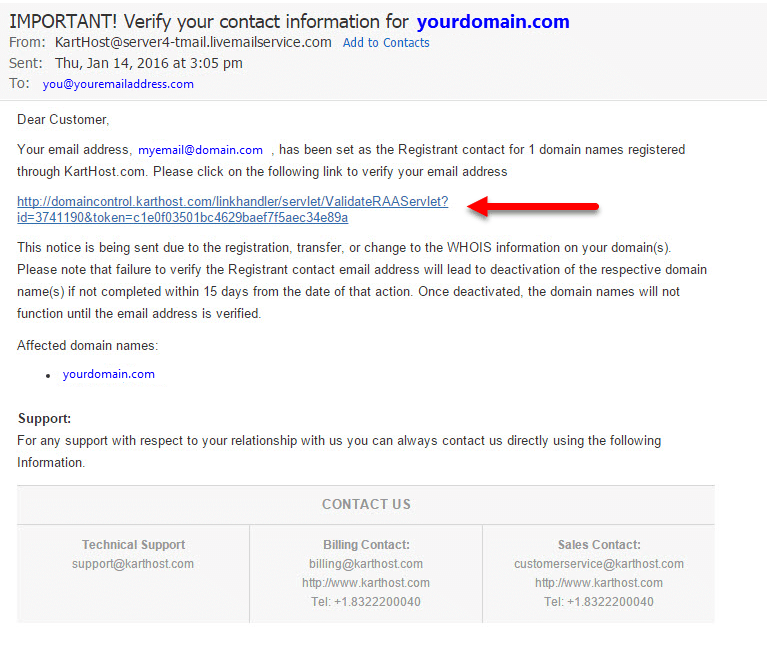 Sample RAA Email Verification Email sent by KartHost