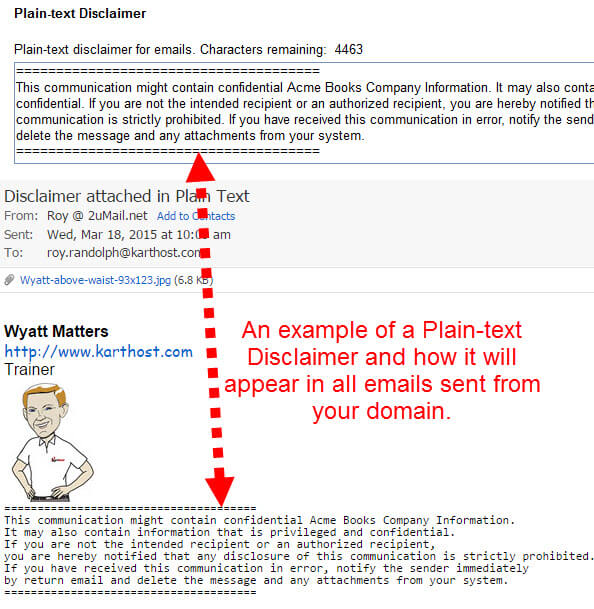 An Email Set up to use a Plain-text disclaimer with KloudEmail Business Class Email