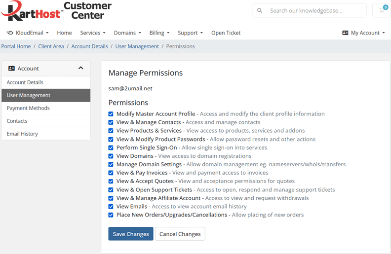 Select the Permissions by checking the Box you wish the User to have - KartHost Customer Center