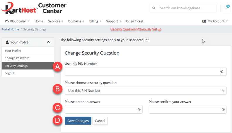 Reset KartHost Customer Center User Security Question
