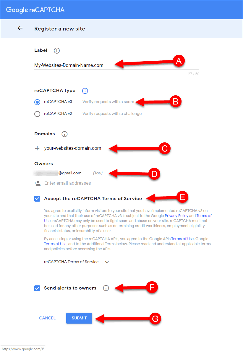 How to obtain your Google reCAPTCHA SITE and SECRET Keys Step 4