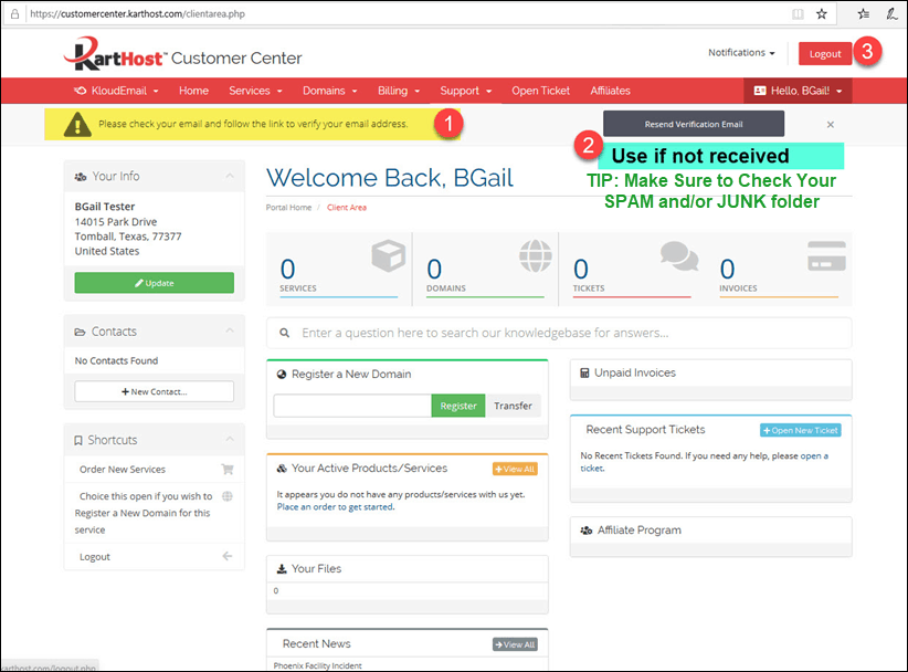 Step 1 to verify your KartHost CustomerCenter Master Login Email Address