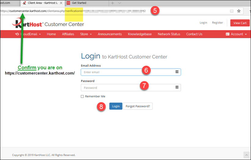 Step 3 to verify your KartHost CustomerCenter Master Login Email Address