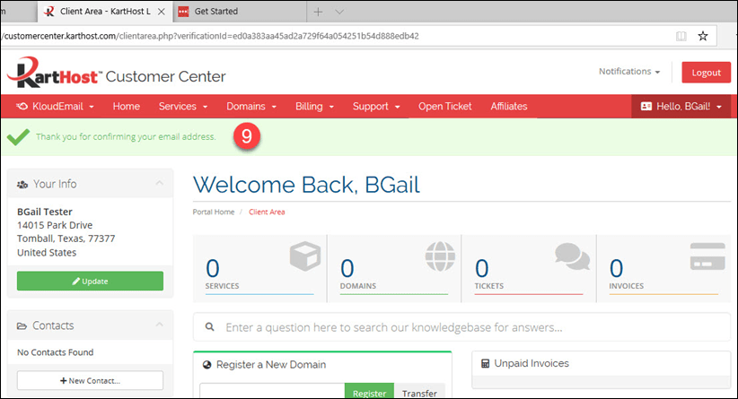 Step 4 to verify your KartHost CustomerCenter Master Login Email Address