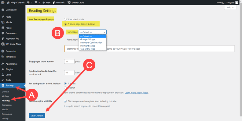 Step Two How to Assign a WordPress Page as the Home/Front Page