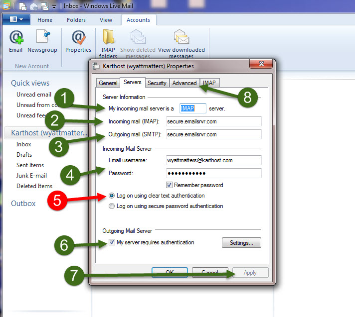 Step 6 How to Change Settings like password for your email account in Windows Live Mail Email Manager using KartHostKloud Mail Email Service