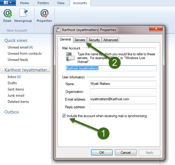 Step 5 How to Change Settings like password for your POP email account in Windows Live Mail Email Manager using KartHostKloud Mail Email Service