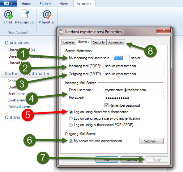 Step 6 How to Change Settings like password for your POP email account in Windows Live Mail Email Manager using KartHostKloud Mail Email Service