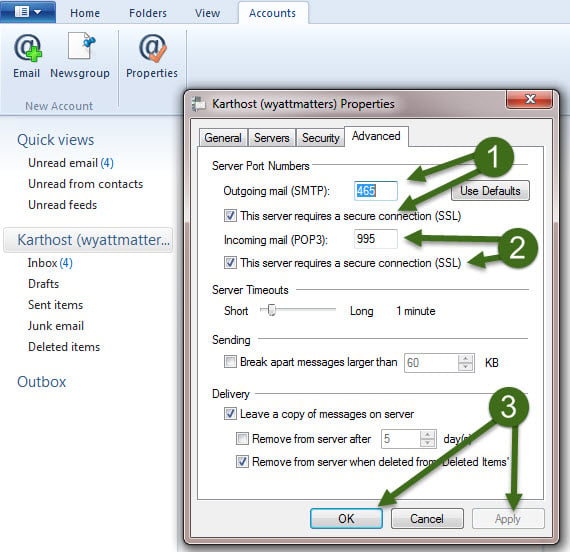 Step 7 How to Change Settings like password for your POP email account in Windows Live Mail Email Manager using KartHostKloud Mail Email Service