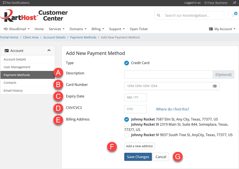 KartHost Customer Center Adding a new Credit/Debit card and select as Default