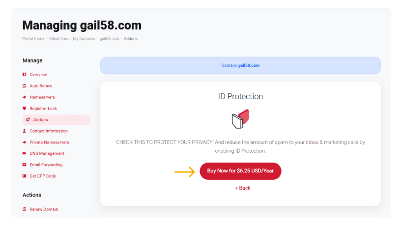 You will need to click the Buy Now button to start the order process for ID Protection for your domain name at KartHost