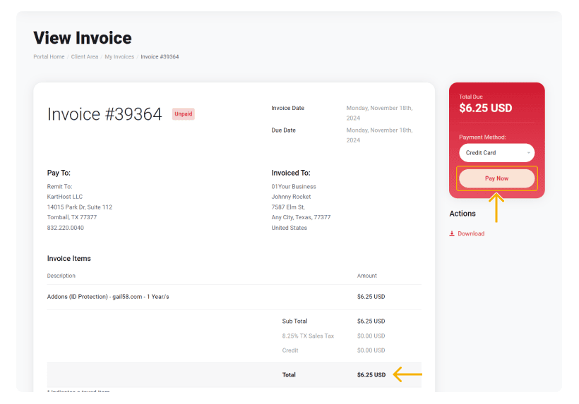 You are now on the View Invoice page. If all looks good to you click the Pay Now button to activate the service.