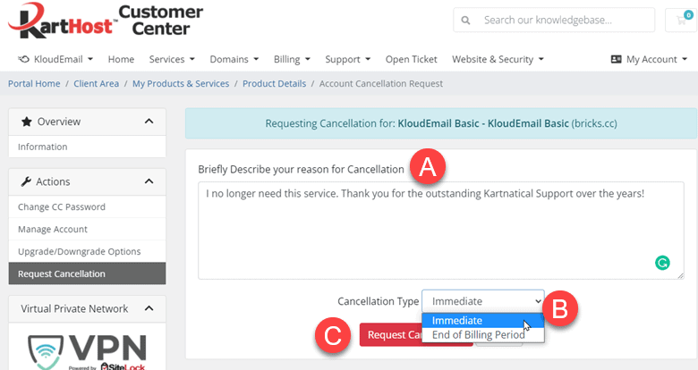 Step 5 - How to Cancel Web Hosting Email Service or any Product or Service 