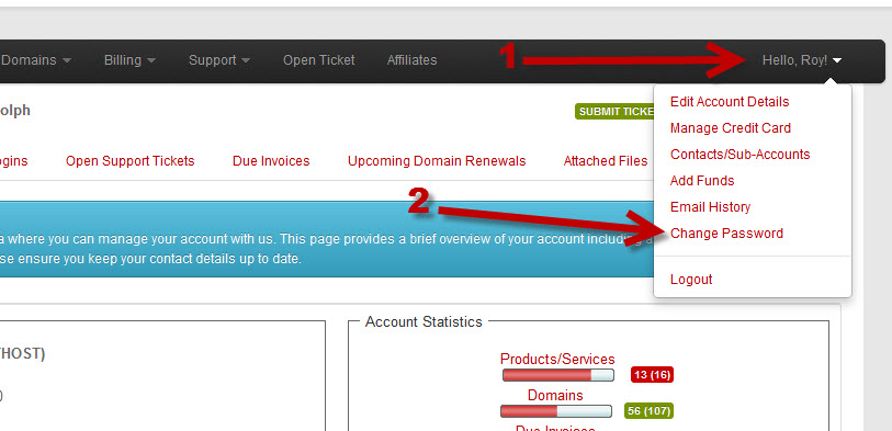 How to change your KartHost Customer Center Password once logged in to your account - step 1