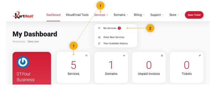 Adding a new KloudEmail Professional Mail mailbox via KartHost Customer Center Step 1