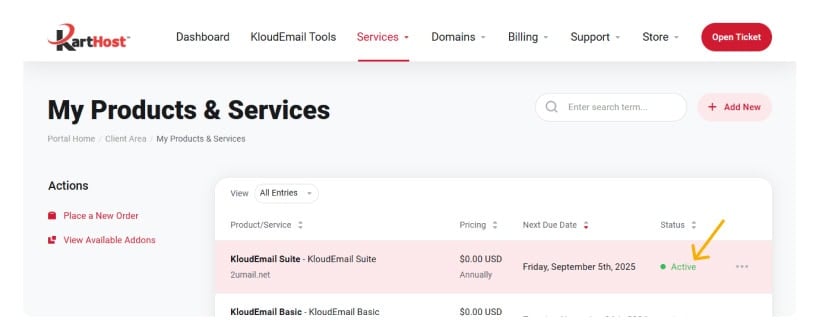 Adding a new KloudEmail Professional Mail mailbox via KartHost Customer Center Step 2