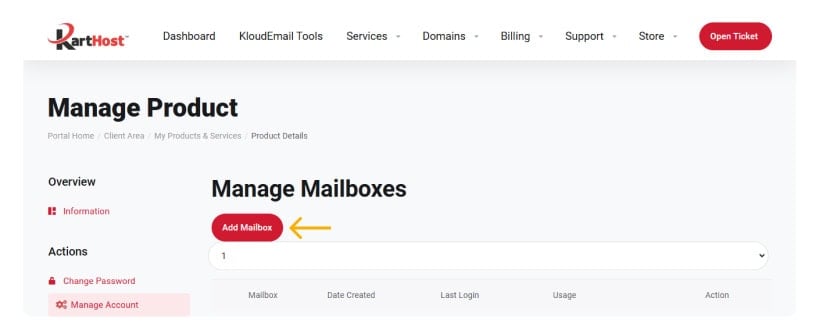 Adding a new KloudEmail Professional Mail mailbox via KartHost Customer Center Step 4