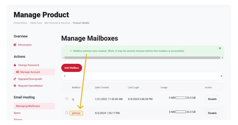 Adding a new KloudEmail Professional Mail mailbox via KartHost Customer Center Step 6