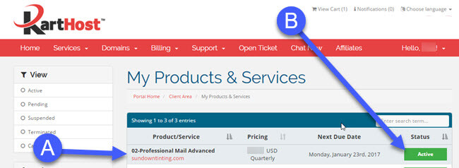 Adding a new KloudEmail Professional Mail mailbox via KartHost Customer Center Step 2