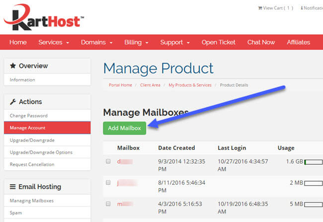 Adding a new KloudEmail Professional Mail mailbox via KartHost Customer Center Step 4