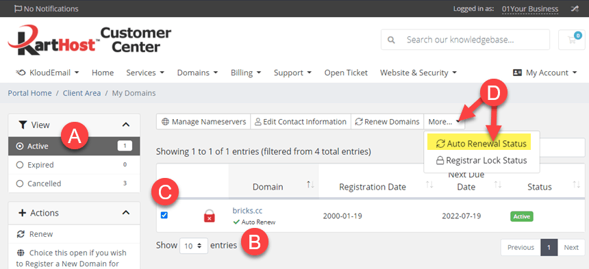 Step 2 - How to disable your Domain Name Auto Renew at KartHost.com