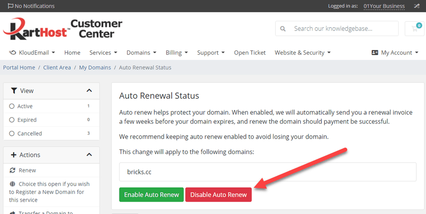 Step 3 - How to disable your Domain Name Auto Renew at KartHost.com