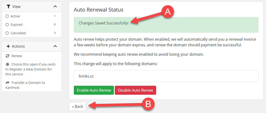 Success Result of Disabling Domain Name Auto Renew