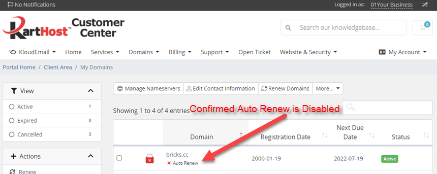 Step 4 - How to disable your Domain Name Auto Renew at KartHost.com