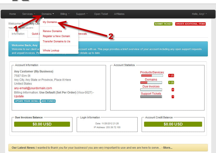 Login to KartHost Customer Center to Manage Domain Name Forwarding Step 1