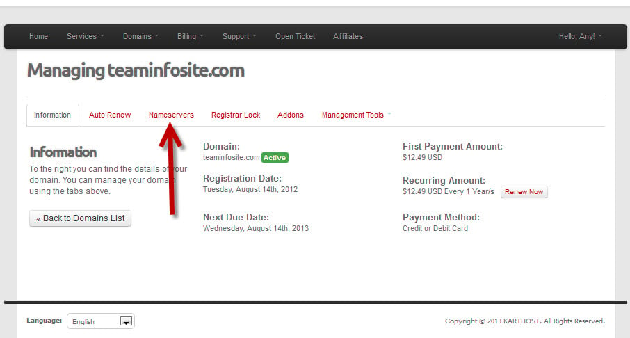 Login to KartHost Customer Center to Manage Domain Name Forwarding Step 3