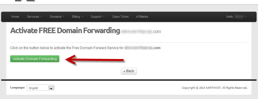 Login to KartHost Customer Center to Manage Domain Name Forwarding Step 5