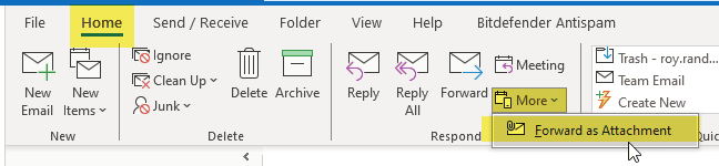 Outlook Forward Email as an Attachment Step 1