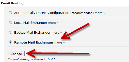 Select Remote Mail Exchanger since Gmail is Remote Email outside of cPanel