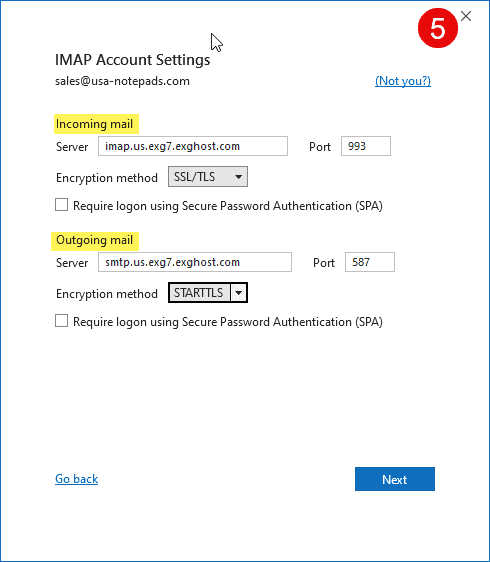 This is the settings for screenshot for Hosted Exchange IMAP at KartHost