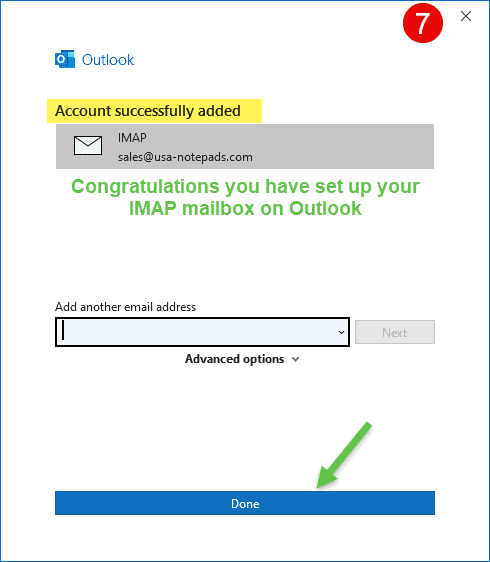 After a successful set up using IMAP on a Hosted Exchange email server you can click the Done button.