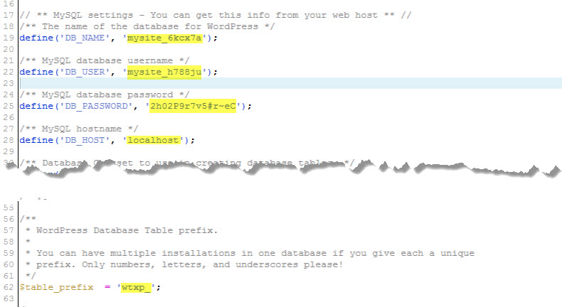 The Wordpress wp-config.php file as shown in the Code Editor using File Manager in cPanel from KartHost