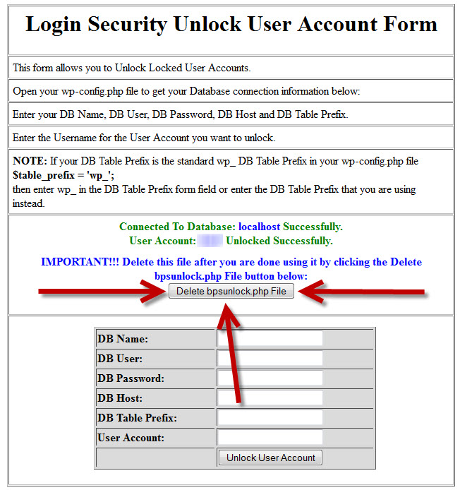 Successful unlock of WordPress user using BulletProof bpsunlock.php file at KartHost.com