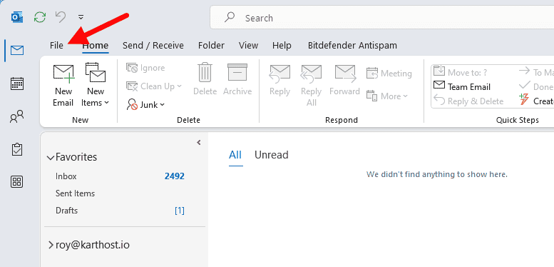 Click the File link on Outlook top navigation