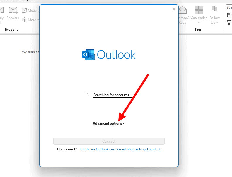 Outlook 365 will attempt to look for your mailbox. To stop just click the Advanced options dropdown