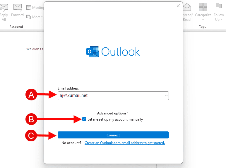 Outlook 365 - Confirm email address, check let me set up my account manually. And click the Connect button.