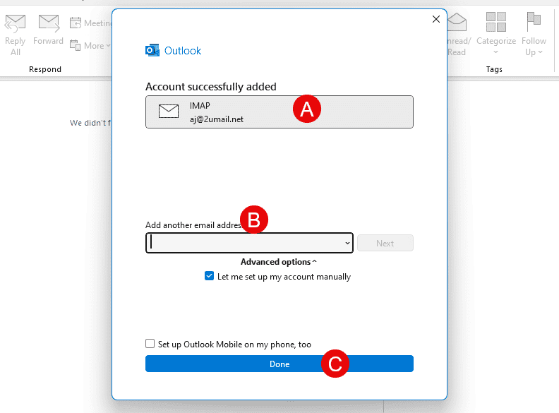 You have added your IMAP mailbox successfully to Outlook 365