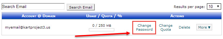Resetting EMail Passords in cPanel - Click on CHANGE PASSWORD
