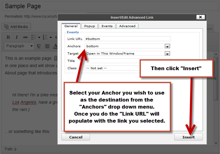 Selecting an Anchor from the Advanced Link WordPress Tool