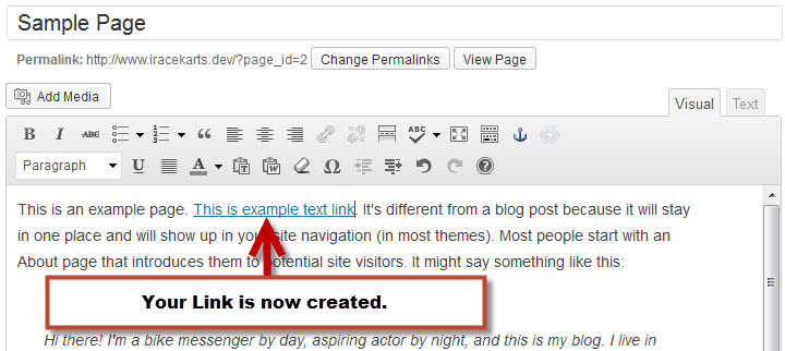 Result of adding an Anchor Link to a WordPress page/post