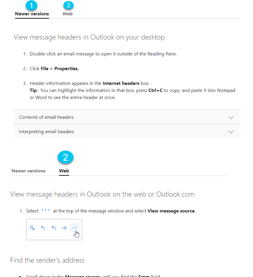 View of Microsoft article to see where to locate Desktop or Web instructions to see email headers